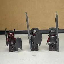 LEGO Minifigure 3 Uruk Hai goblins w/ Spears, Shields, Sword, Helmets & Polearms
