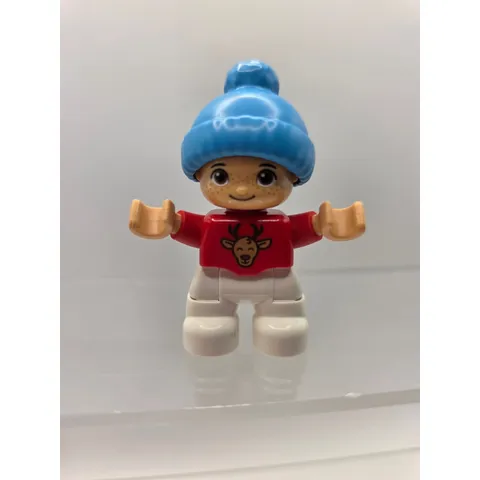 LEGO Duplo Child Figure Red Reindeer Sweater Blue Beanie Winter Holiday Boy