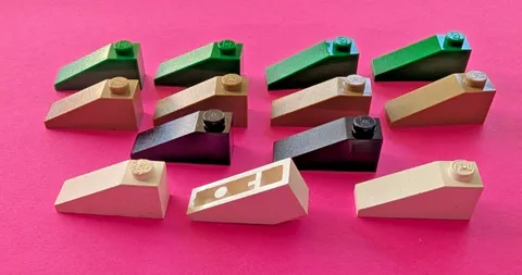 14 LEGO parts 33 degree slope, 3x1, #4286, green, light brown, black, white