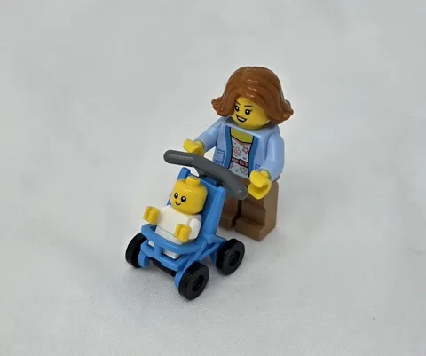 Mom w/ Baby & Stroller in Light Blue Jacket ~ City Lego Minifigure ~
