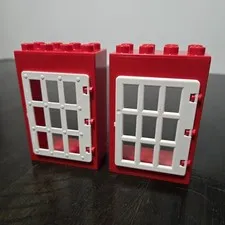 Lego Duplo 2pc Police Door Jail Cell Castle 2x4x5 Window 1x4x4 9 Panes White Red