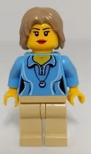 Lego Female Minifigure Dark Tan Tousled Hair Button Shirt Shell Necklace Pattern