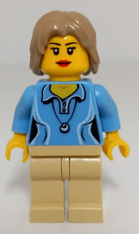 Lego Female Minifigure Dark Tan Tousled Hair Button Shirt Shell Necklace Pattern