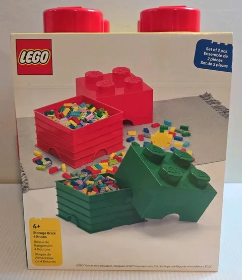 LEGO Storage Brick Box 4 Knobs Set of 2 Drawers Red & Green Pieces New