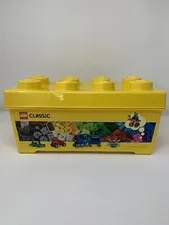 Lego Yellow Brick Storage Box Bin Large Container With Lid And Lego Pieces.