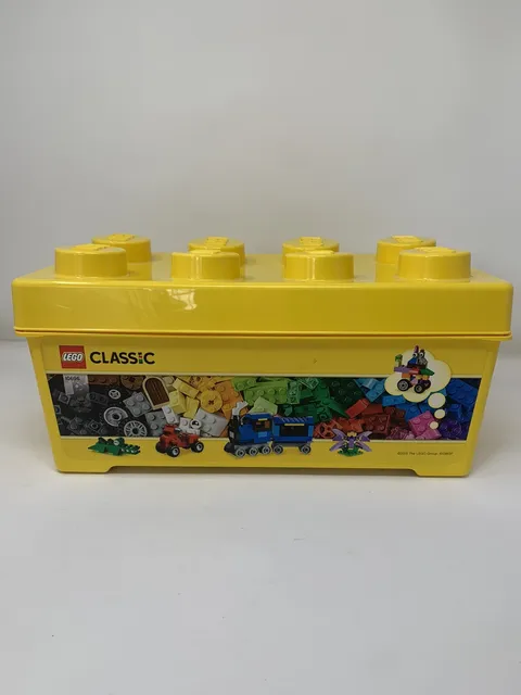 Lego Yellow Brick Storage Box Bin Large Container With Lid And Lego Pieces.