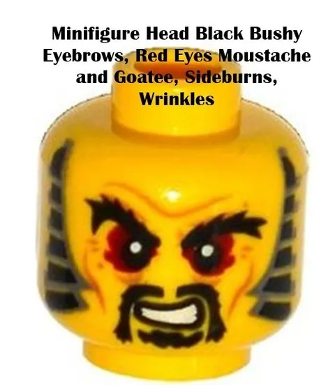 LEGO Minifigure Head Black Bushy Eyebrows Red Eyes Moustache and Goatee Sideburn
