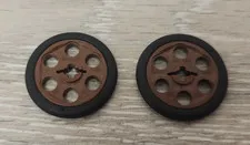 Lego 4185c01 Brown Technic Wheel Pulley & Black Wedge Belt Wheel Tire Lot Of 2