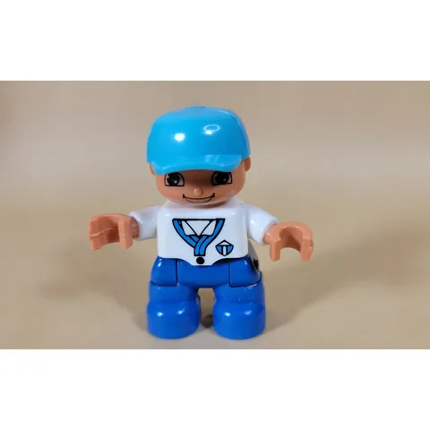 LEGO Duplo Figure Boy Blue Baseball Cap White Shirt Blue Scarf Lanyard Print