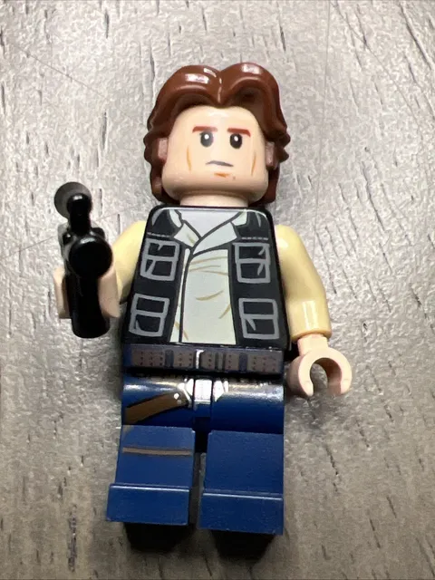 LEGO sw0771 Star Wars Han Solo Black Vest Pockets Tan Shirt Dark Blue Legs Wavy