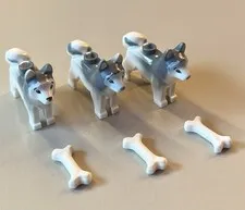 (x3) LEGO White Gray Husky Sled Dog w/ Bones Animal Minifigure Wolf Arctic Puppy
