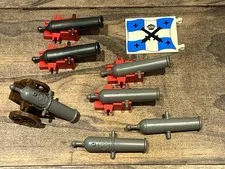 Vintage Lego Pirate Ship Cannons Lot Of 7 With 5 Bases & Rectangular Flag VTG