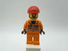 LEGO MINIFIG Part con008- Worker w/ orange suit, red hard hat, beard - 1pc NEW