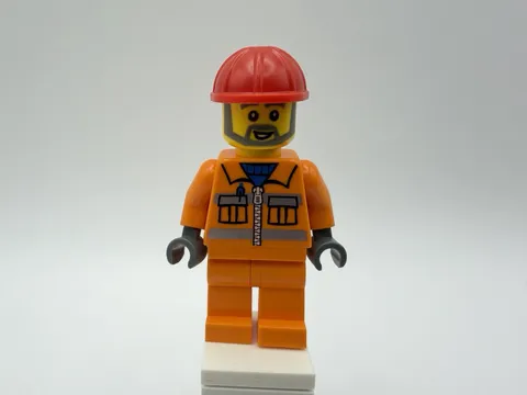 LEGO MINIFIG Part con008- Worker w/ orange suit, red hard hat, beard - 1pc NEW