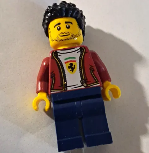 LEGO Minifigure Male w/ Black Hair, Stubble Face, Dark Red Jacket, Blue Legs