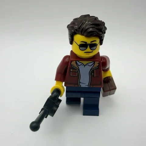LEGO CUSTOM Minifigure - Man w/ sunglasses, brown jacket, case & walkie talkie