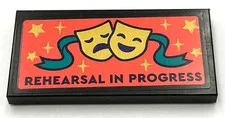 Lego New Tile 2 x 4 with REHEARSAL IN PROGRESS Banner Theater Masks