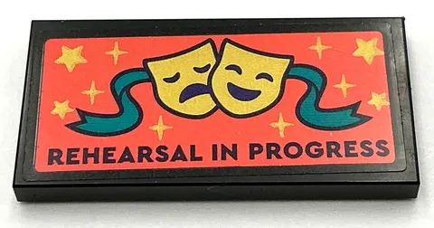 Lego New Tile 2 x 4 with REHEARSAL IN PROGRESS Banner Theater Masks