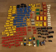 Vintage LEGO Lot Bricks, Windows, Wheels, Horse, Flag, Minifigures, Fabuland