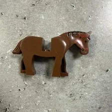 LEGO BROWN HORSE. RED BRIDLE. MOVABLE HEAD