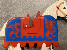 Vintage Lego Horse Barding 2490pb02 Blue on Red. ONE CLIP BROKEN: Horse included