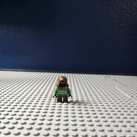 LEGO Hooded Minifigure Green Torso Brown Hood Brown Legs Black Hands Figure