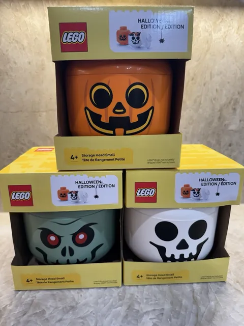 LEGO Halloween Special Edition Storage Head 3 Piece Set Pumpkin Skeleton Franken