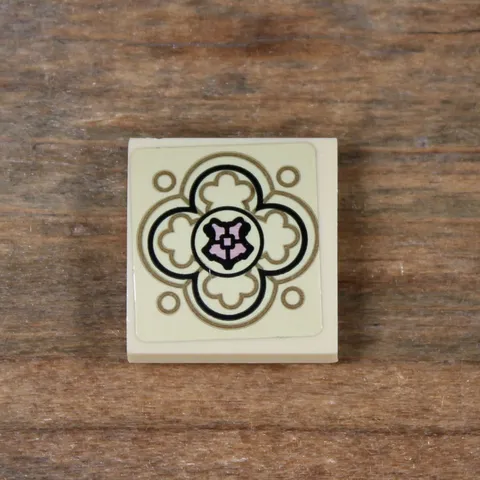 LEGO Tan Slope Curved 2x2x2/3 Black Ornate with Copper Shield Pattern 15068pb496