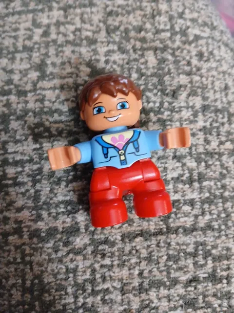LEGO Duplo Child Girl Brown Hair/Blue Jacket/Flower Shirt/Pigtails Figure Only M