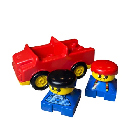 Vintage Lego Group Duplo Red Yellow Car & 2 Figures Blue Suspenders Apron