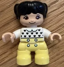Lego Duplo Figure Kid Girl black hair white/yellow tiny hearts