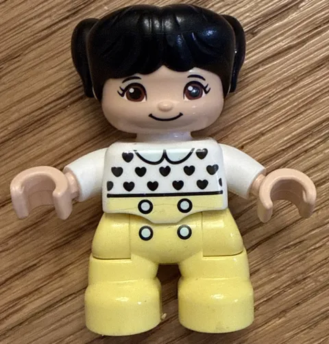 Lego Duplo Figure Kid Girl black hair white/yellow tiny hearts
