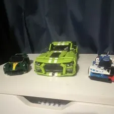 LEGO Lot of 3 Brick-Built Race Cars, Green/Blue/White Plastic Vehicles