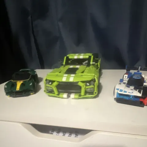 LEGO Lot of 3 Brick-Built Race Cars, Green/Blue/White Plastic Vehicles