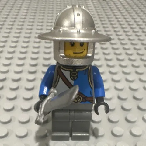 LEGO Knight Minifigure w/ Silver Helmet, Sword, Blue Torso & Gray Legs