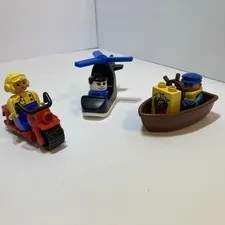 Vintage Lego Duplo Police On Cycle Helicopter & Fisherman In Boat 