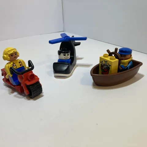 Vintage Lego Duplo Police On Cycle Helicopter & Fisherman In Boat 