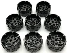 Lego 8 New Pearl Dark Gray Wheel Hard Plastic Treaded 7 Pin Holes 37mm D. x 22mm
