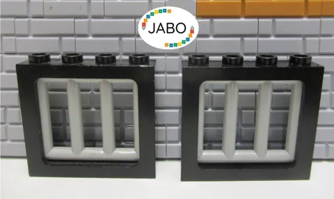 (G12/8/8) LEGO 2 x Window Frames 4033 Black 1x4x3 + 6016 Grille Old Light Grey