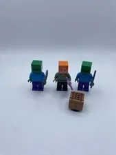 3x Lego Minecraft Lot 2 Zombies And 1 Alex Minifigure Along With A Chest