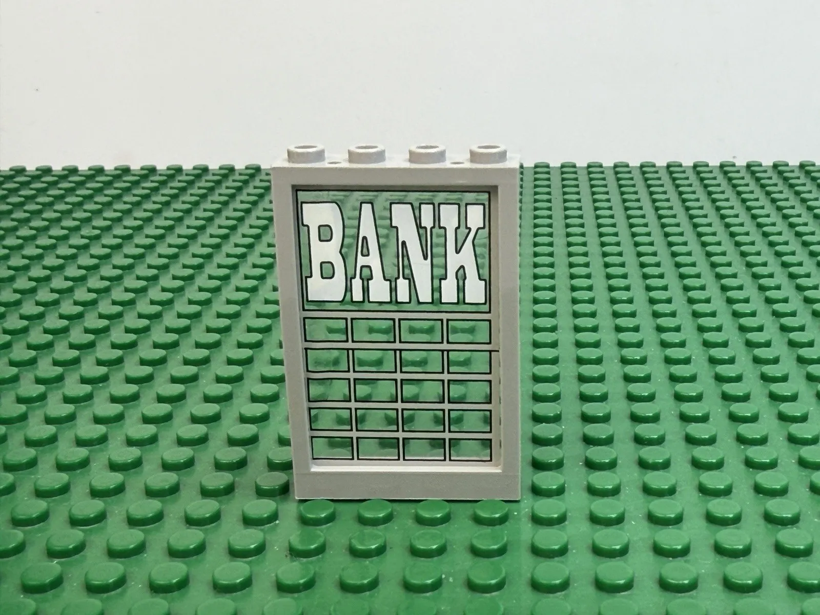 LEGO Old Lt Gray Window 1x4x5 w/Trans-Clear Glass 'BANK' Sticker 6765 #2494pb01