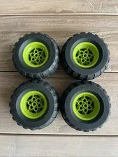LEGO LOT 4 BLACK TIRES WHEELS 56X26 BALLOON LIME GREEN RIMS 56145 / 55976