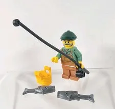 LEGO BAM MOC Minifigure Fisherman Old Man Overalls Fishing Pole Basket 2 Fish 