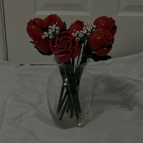 LEGO roses already built with clear glass vase