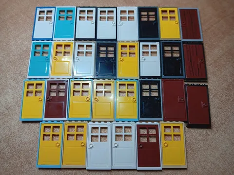 LEGO BULK LOT 30 DOORS WITH FRAME 1X4X6 SOLID & WITH PANES MIXED COLORS