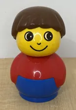 Vintage LEGO DUPLO Boy Figure Brown Hair Red Blue Roly Poly Base