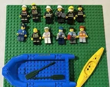 Lego lot of 12 minifigures mostly firefighters and Lego Blue Raft and kayak