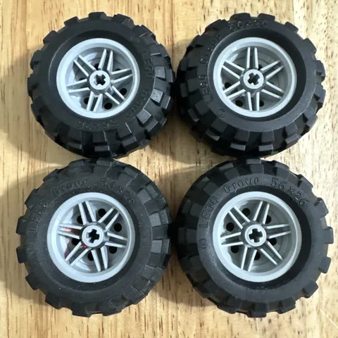 LEGO LOT 4 BLACK TIRES WHEELS 56X26 BALLOON LIGHT BLUISH GRAY RIMS