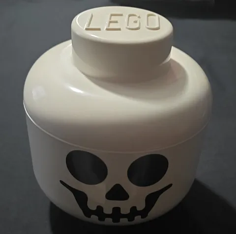 LEGO White Brick-Shaped Storage Container w/ Lid, Skull Face Design