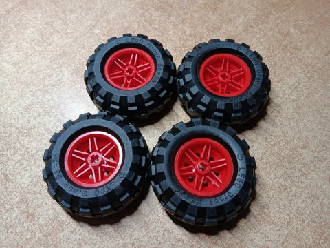 LEGO LOT 4 BLACK TIRES WHEELS 56X26 BALLOON RED RIMS 56145 / 55976
